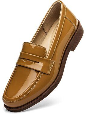 Women’s Brown Patent Comfortable Penny Loafers Slip On Casual Walking Flat Shoes
